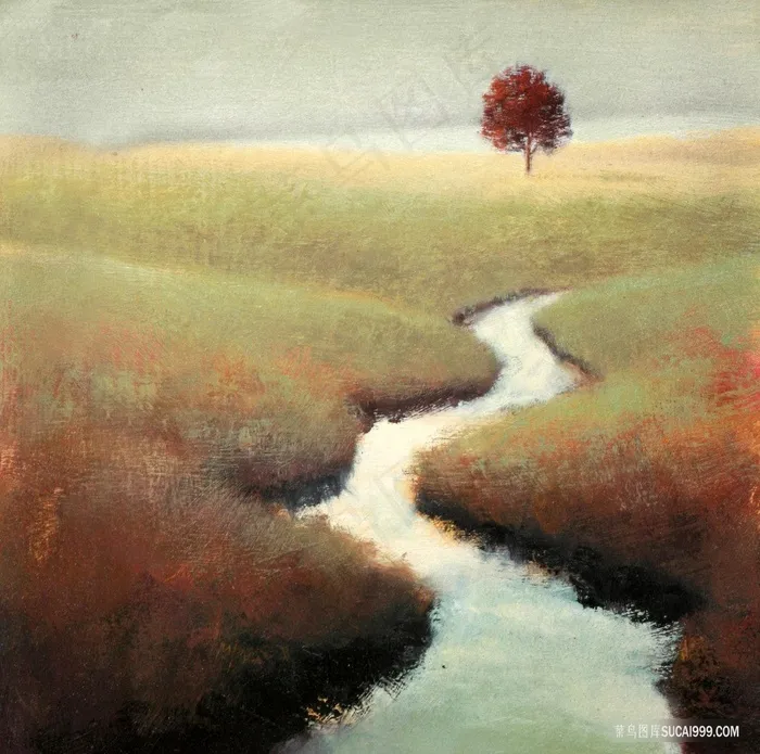 小河流草地小树油画装饰画