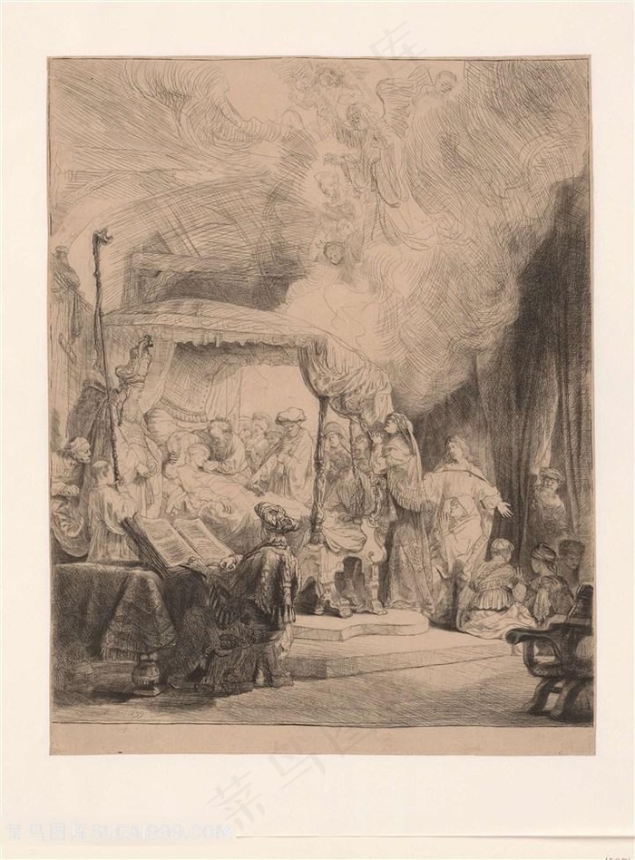 伦勃朗素描线稿床上的老者