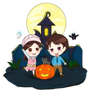 万圣节节日可爱卡通人物情侣素材
