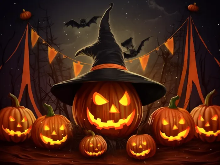 万圣节南瓜蝙蝠城堡恐怖夜晚插画背景(3696x2784)
