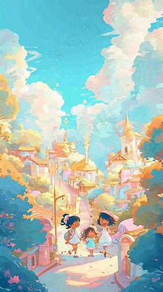 清新蓝天白云儿童路边行走手绘插画，花丛草地植物