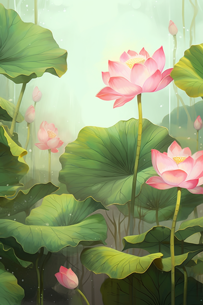 夏日荷花莲花荷叶池里盛开的花卡通插画素材绿色背景(2688x4032)
