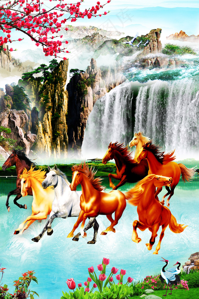 马到成功山水玄关背景墙