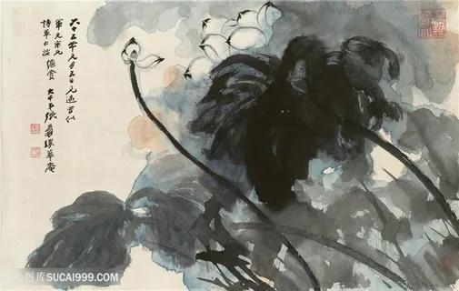 张大千水墨莲花中式装饰画 张大千水墨莲花中式装饰画