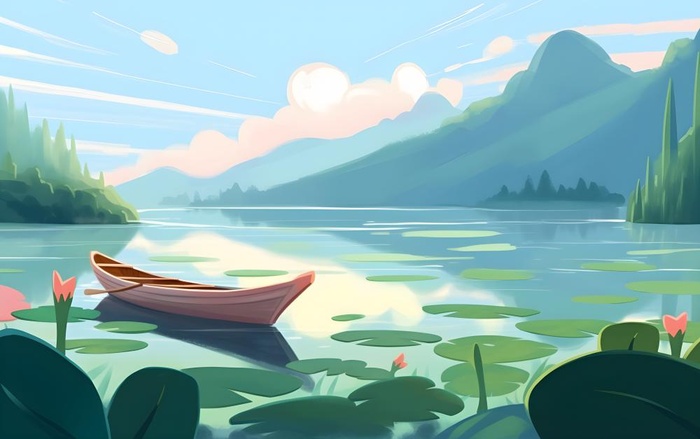 湖中泛舟山森林绿叶花风景插画海报素材背景(5504x3456)