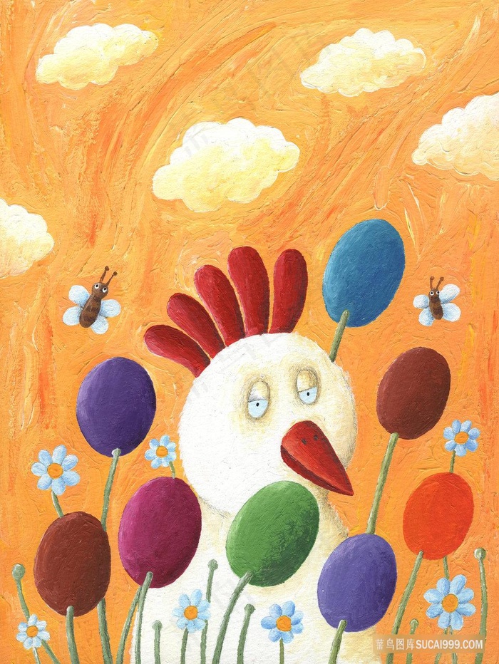 卡通公鸡花卉装饰画油画