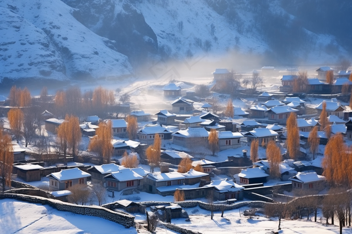 冬天白雪覆盖的小村庄雪景摄影图(4032x2688)