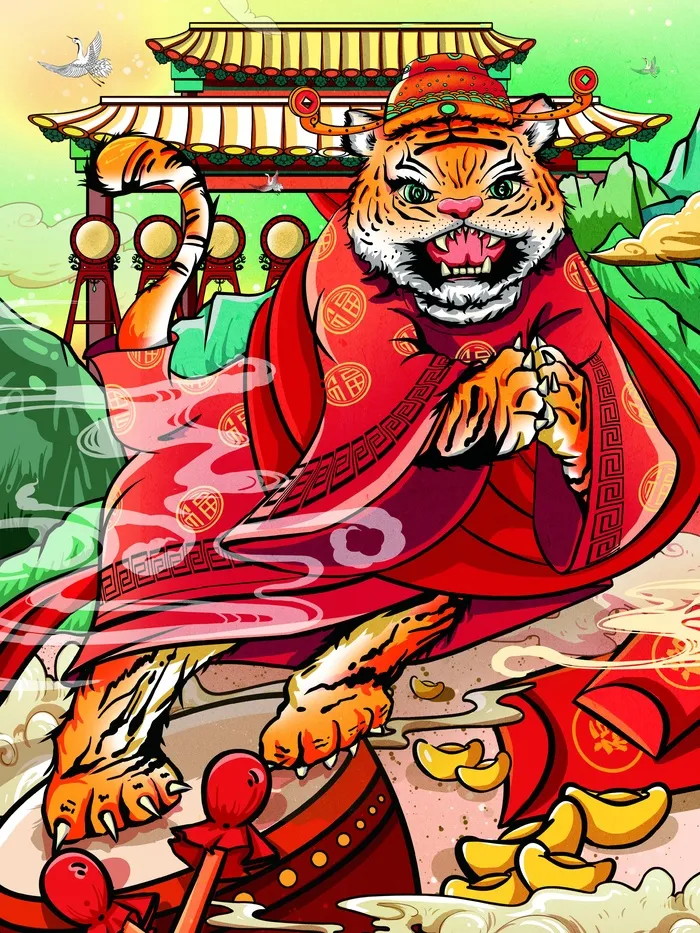 虎年中国风萌虎插画psd模版下载