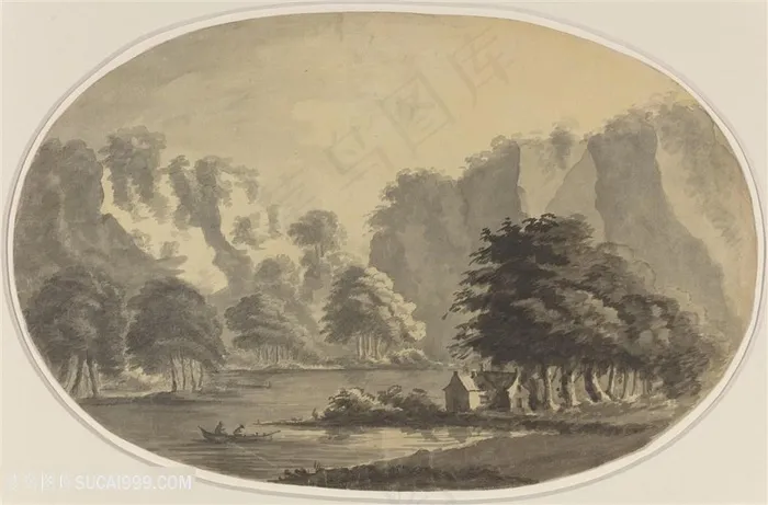 水彩山脉河流风景画
