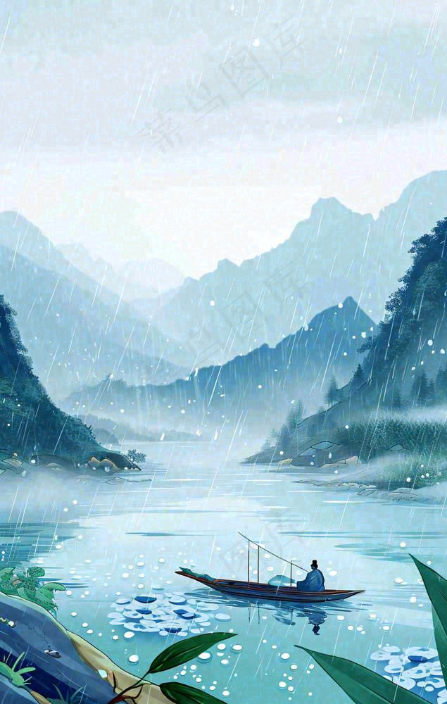 春天雨天湖面山脉小船植物花朵，雨水谷雨(864x1360)