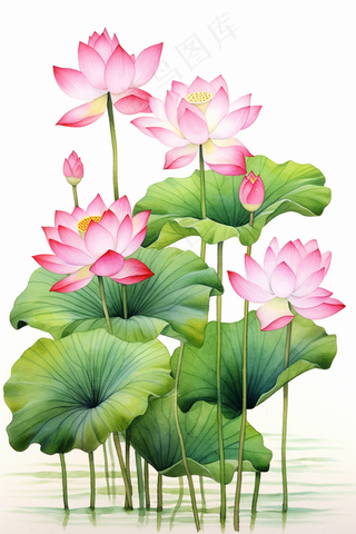 荷花莲花荷叶盛开卡通插画