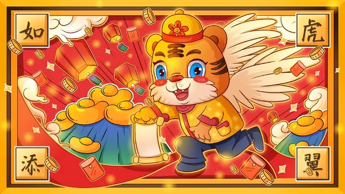 虎年中国风萌虎插画psd模版下载