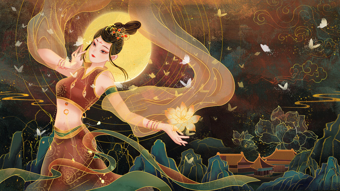 复古中国风国潮神话人物敦煌插画仙女手绘海报背景PSD设计素材