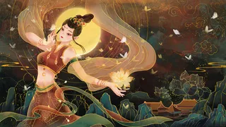 复古中国风国潮神话人物敦煌插画仙女手绘海报背景PSD设计素材