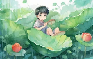 睡莲荷叶池塘里的孩子背景