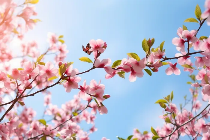 春天阳光明媚的树枝上开满了粉红色的花朵摄影图(5376x3584)