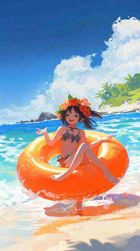 夏日阳光沙滩度假比基尼泳衣游玩旅行游泳插画，大暑小暑暑期(816x1456)