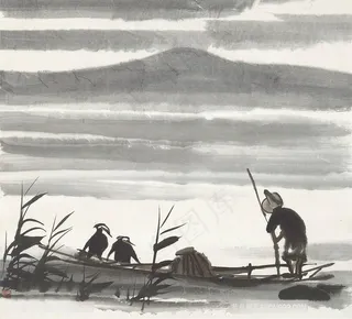 林风眠手绘水墨湖畔木船装饰画