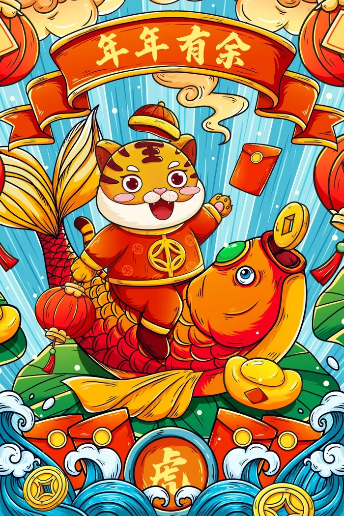 虎年中国风萌虎插画psd模版下载