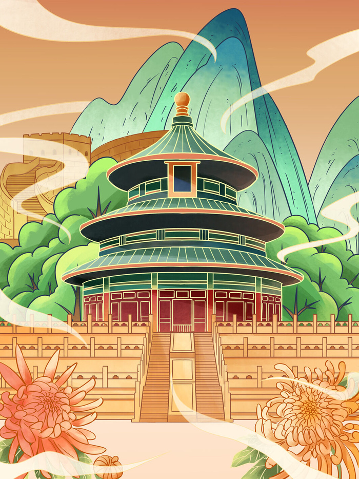 中国风国潮烫金仙鹤山水古建筑风景装饰插画背景PSD分层设计素材