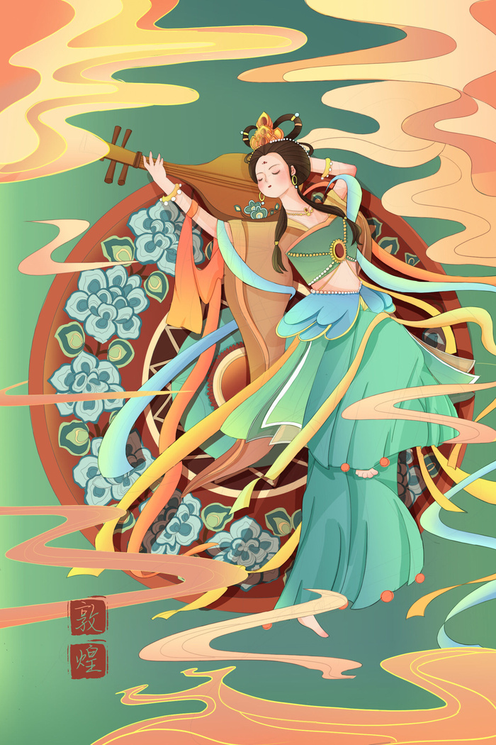 复古中国风国潮神话人物敦煌插画仙女手绘海报背景PSD设计素材