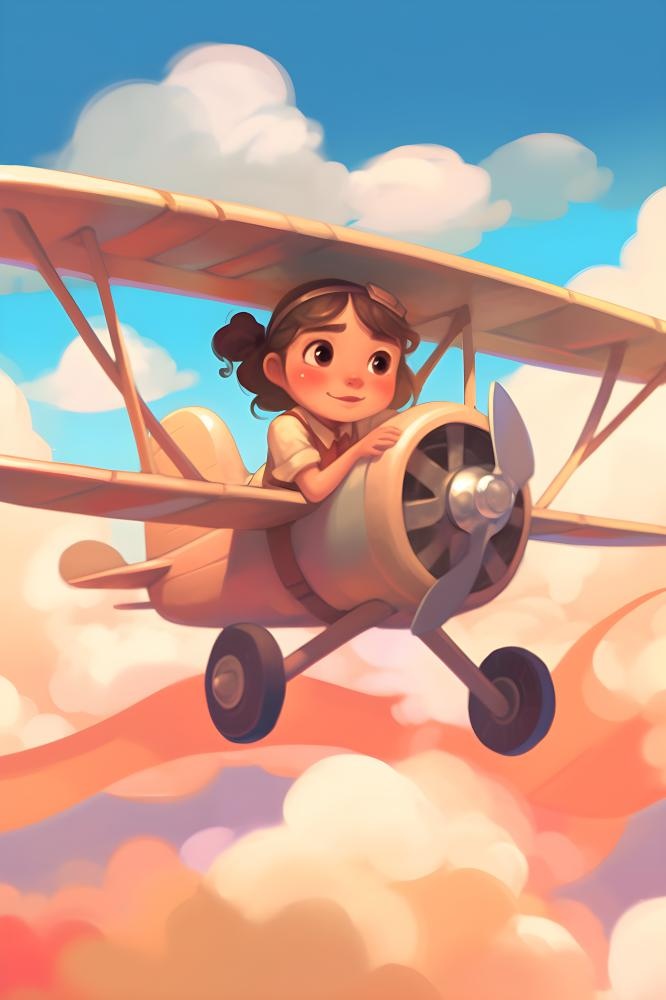 天空遨游飞机人物云朵晚霞插画背景(3584x5376)