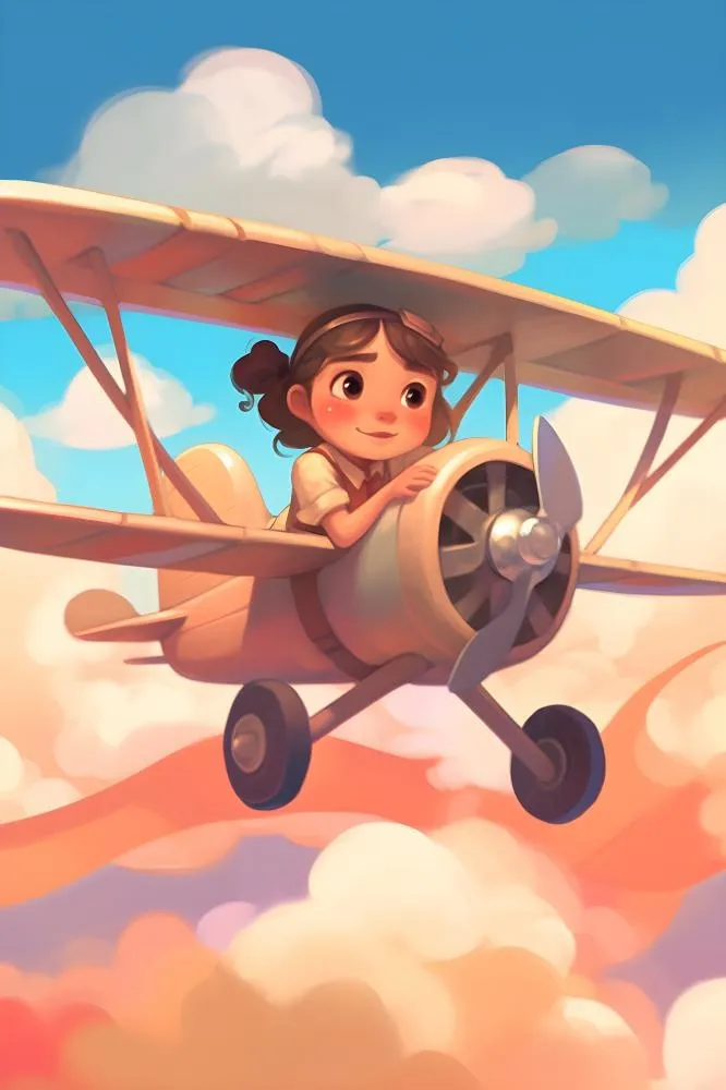 天空遨游飞机人物云朵晚霞插画背景(3584x5376)