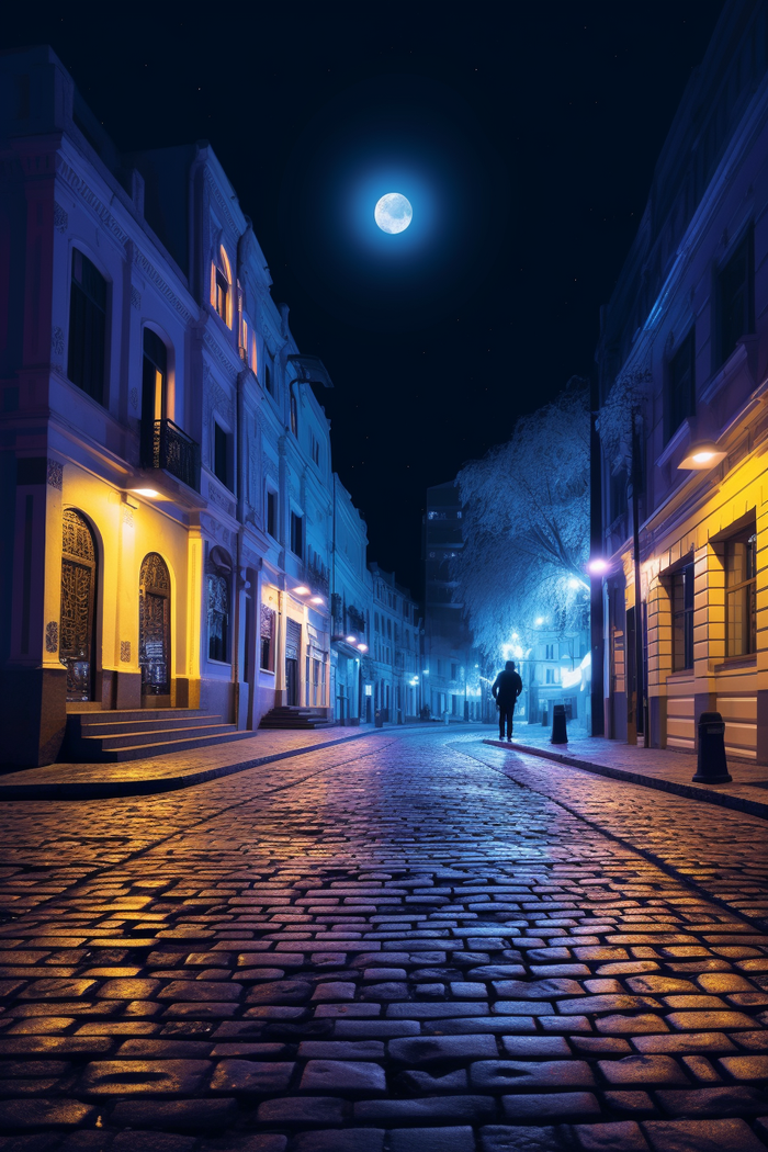 夜晚街区街道路灯月亮摄影图(2688x4032)