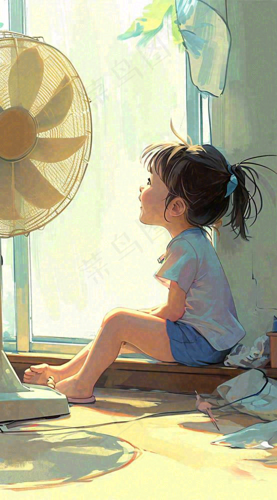儿童在家吹风扇，夏天炎热清爽手绘插画，夏至小暑暑期(816x1472)