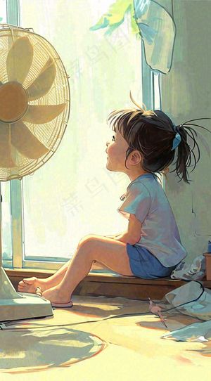 儿童在家吹风扇，夏天炎热清爽手绘插画，夏至小暑暑期