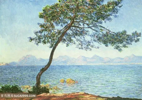 印象派莫奈海边与大树风景油画图片