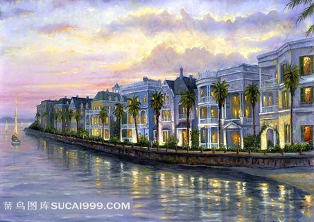 大海边建筑油画图片