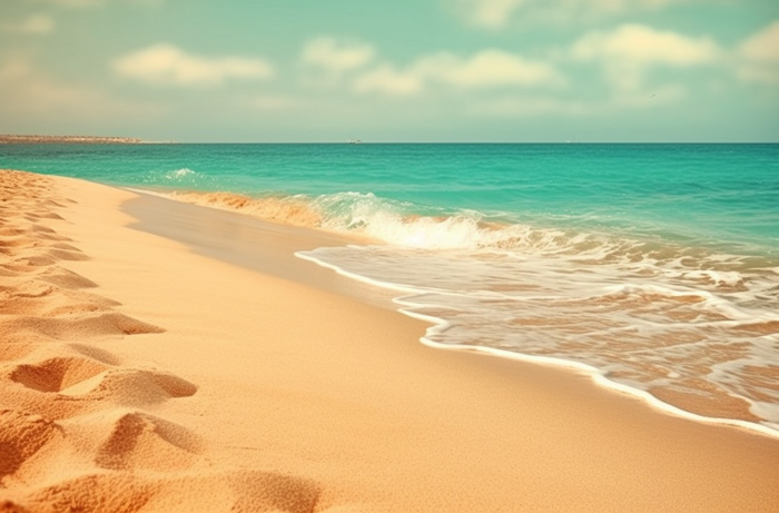 清澈的海水和沙滩，背景是波浪，浅蓝绿色和浅米色风格，简单，flickr，konica big mini，迷人，棕色和蓝色，yankeecore摄影图(5440x3584)
