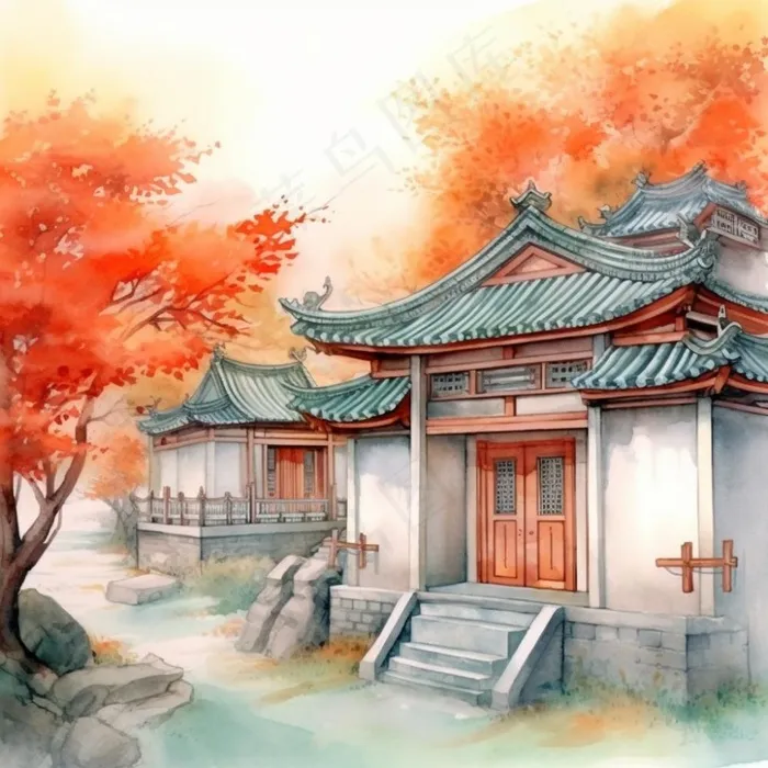 秋季胡同里古代建筑庭院水彩画水墨画素材(1024x1024)