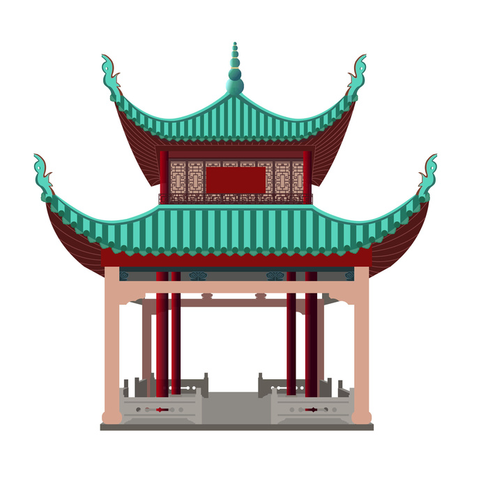 复古中国风国潮古建筑插画手绘高楼古塔AI素材亭子png免抠图