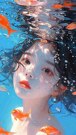 阳光水底光照游泳长发美人，鱼类金鱼，水气泡