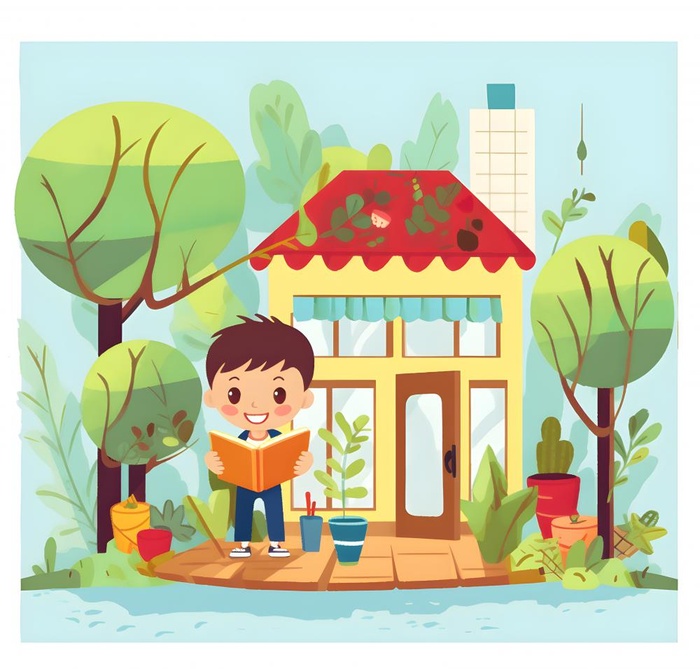 书店图书馆门口男孩在看书绿色植物背景