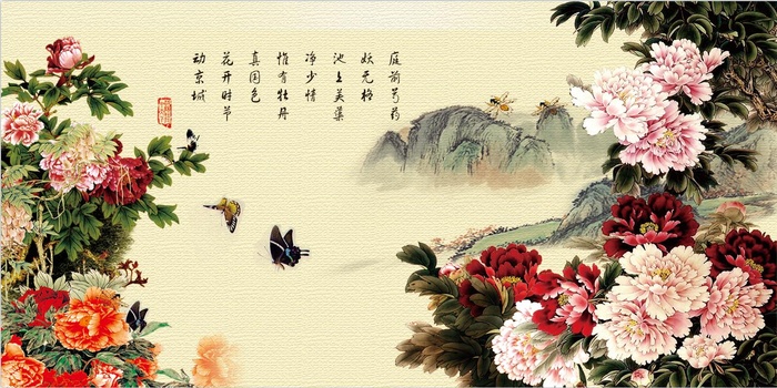 牡丹花山水画背景图psd模版下载