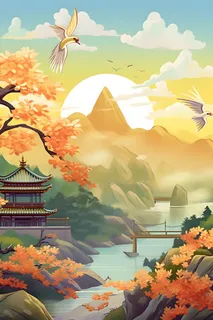 国潮花朵仙鹤云间背景