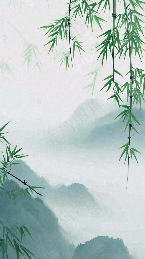中国风云雾山脉意境竹叶山雾画插画(816x1456)