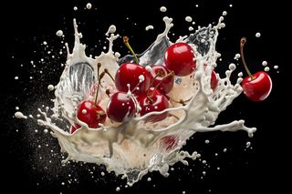 水果牛奶碰撞融合车厘子液体撞击迸射瞬间摄影图