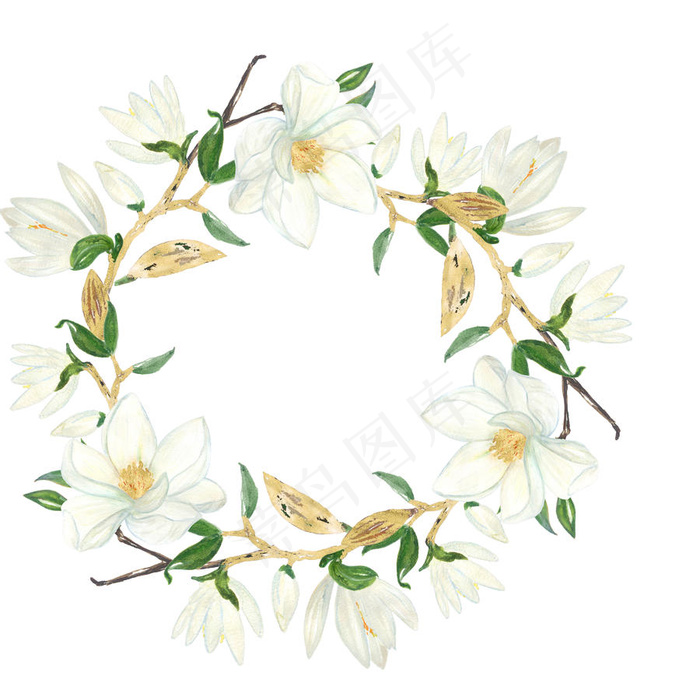 白色玉兰花花环插画