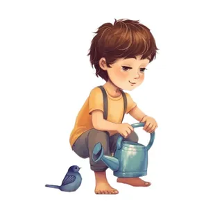 小男孩拿着水壶水桶浇水绿植草人物插画免抠