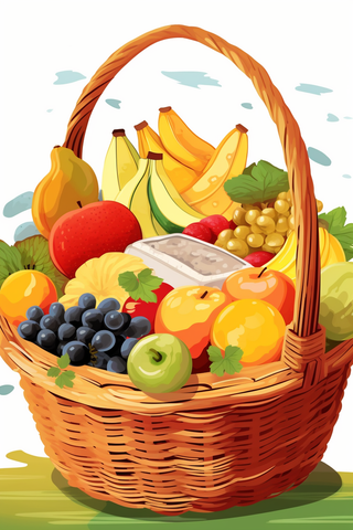 卡通插画水果篮装满的水果