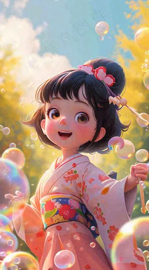 春天夏天女孩草地玩耍，阳光白云气泡可爱插画