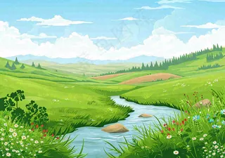 春日旅行草坪草丛花朵河流小溪野外郊游插画，春分