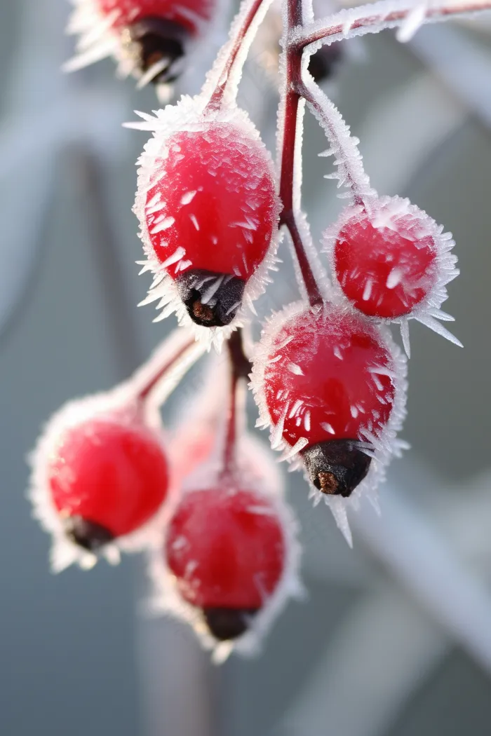 冬季冰雪覆盖红色果实上雾凇摄影图(2688x4032)
