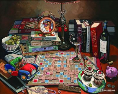 书本杯子桌子艺术油画