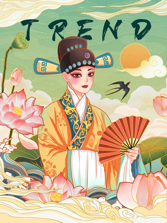 手绘中国风国潮京剧戏曲人物插画古风国粹花旦ai矢量ps设计素材图