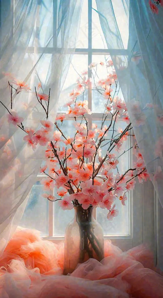 春天窗台花瓶粉色鲜花花束，春分(816x1488)